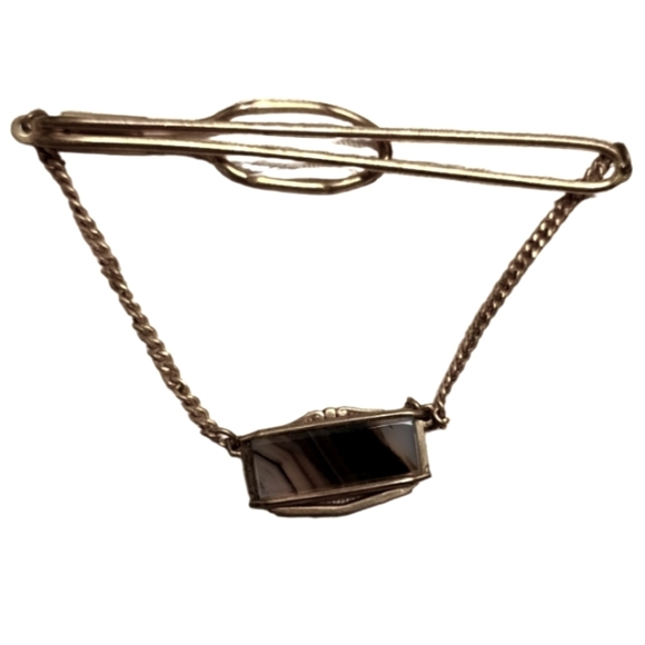 ANTIQUE 1930's Art Deco Gold Tone Agate Tie Bar - Picture 1 of 7